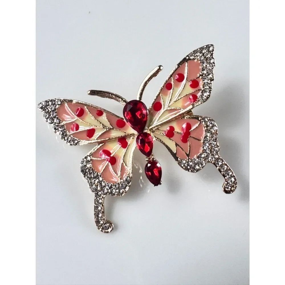 Rhinestone & Enamel Butterfly Brooch with Red Accents